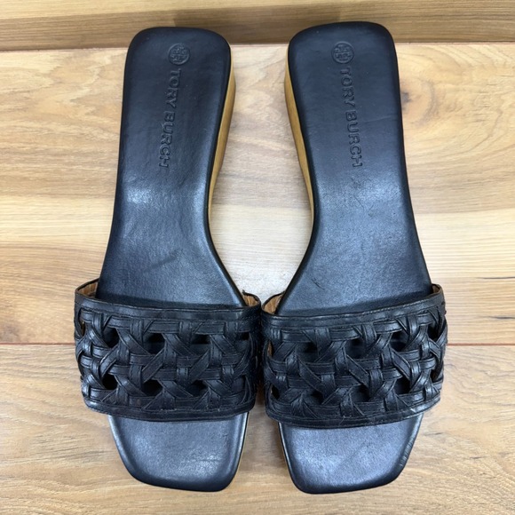 Tory Burch Shoes - Tory Burch Basketweave Wooden Slides Womens 10.5 M Black Leather Slip On Clog